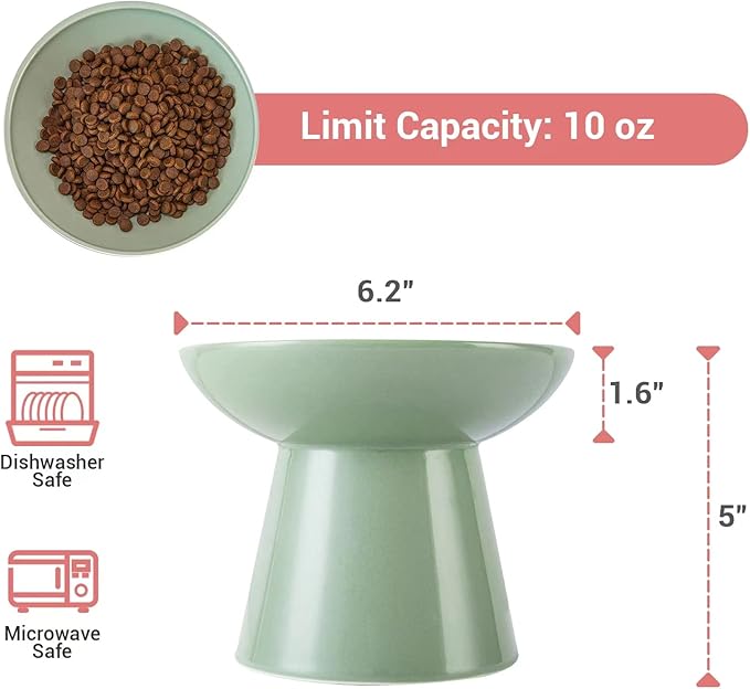 Extra Wide Elevated Ceramic Cat Food Bowl - 6.2" Shallow Dish for Whisker Fatigue Relief, 5" Height for Easy Feeding, Lead & Cadmium Free, Durable Raised Cat Food Bowls, Sage Green-PawvioPets