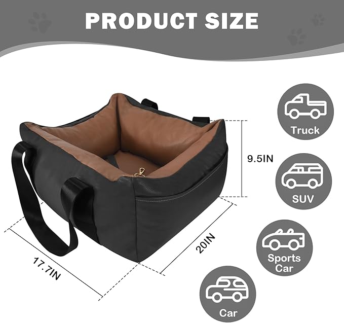 Dog Car Seat for Small Dogs, Large Leather Dog Car Bed with Storage Pocket, Waterproof PVC Leather Booster Seat Travel Bed for Front & Back Seat, Clip-On Safety Leash (Black/Brown)-PawvioPets