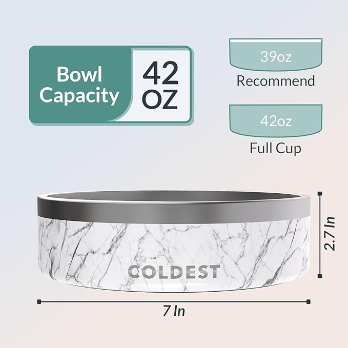 Coldest Dog Bowl - Anti Rust Metal & Non Slip Dog Bowls Large, Spill Proof Heavy Duty 3 Layers Insulated Dog Bowl - Food and Water Bowl for Dogs, Cats & Pets, Dishwasher Safe (42 oz, Carrara Marble)-PawvioPets