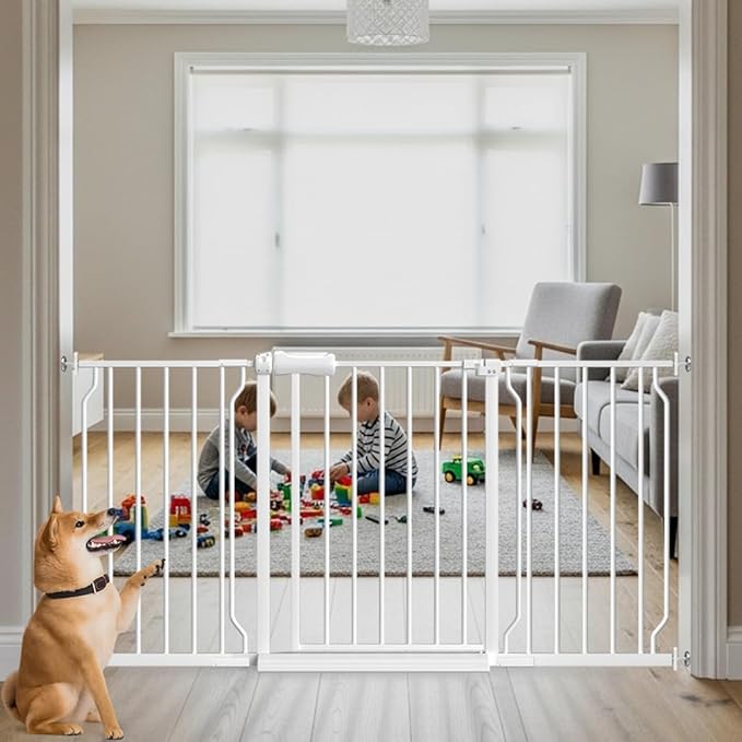 57.5"-62" Extra Wide Auto Closing Baby Safety Gate for Stairs & Doorways, Pressure Mounted No Drill Pet Gate with Walk-Through Door - Heavy Duty Childproof Gate for Toddlers, Kids, Dogs (White)-PawvioPets