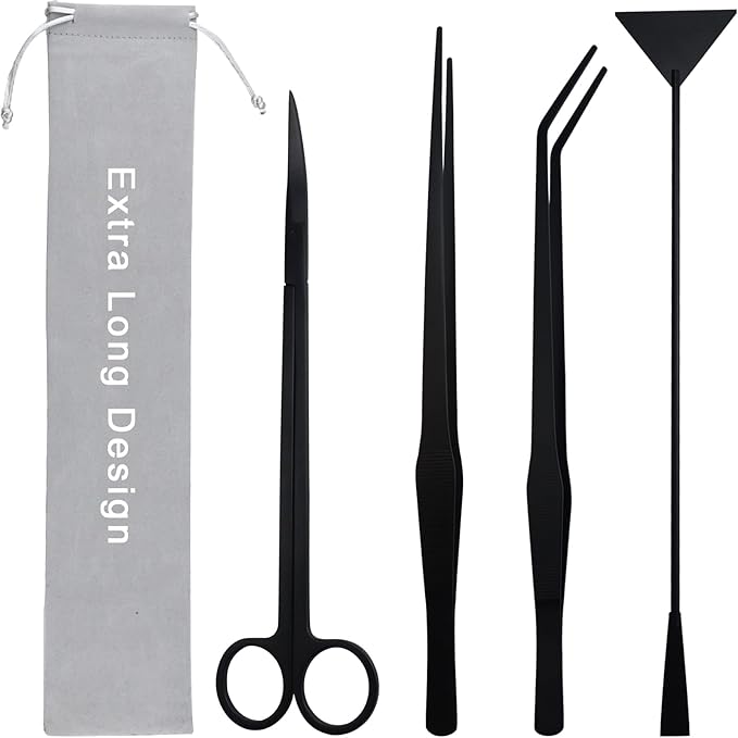 Aquarium Aquascape Tools Kit, Long 15 Inch Stainless Steel Aquatic Plants Tools, 4 in 1 Anti-Rust Black Aquascaping Tweezers Scissors Spatula Scrapers Tool Set for Fish Tank Cleaning Plant Trimming-PawvioPets