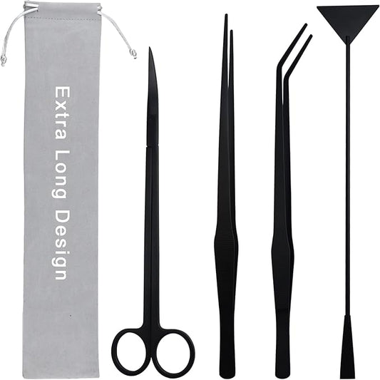Aquarium Aquascape Tools Kit, Long 15 Inch Stainless Steel Aquatic Plants Tools, 4 in 1 Anti-Rust Black Aquascaping Tweezers Scissors Spatula Scrapers Tool Set for Fish Tank Cleaning Plant Trimming-PawvioPets