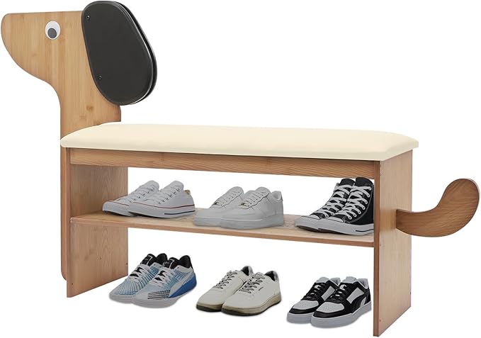 Cute Dog Shoe Bench with Cushion, 51.6”L x 11.8”W Puppy Shoe Storage Bench Beige 2-Tire Bamboo Shoes Rack Bench for Entryway Living Room Hallway Bedroom 220Lbs Load Capacity-PawvioPets