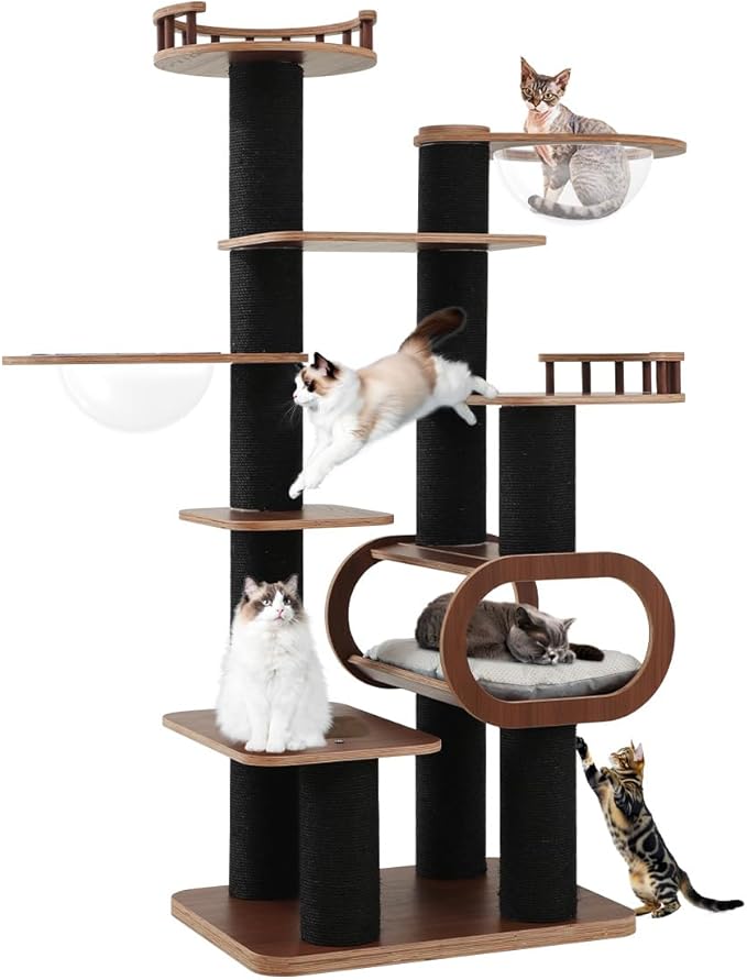 70.9'' Black Cat Tree for Indoor Cats Large Adult, Heavy Duty Cat Tower with Scratching Post, Modern Kitty Tree with Removable Mats, Semi-closed Condo and Transparent Bowl, Wooden Luxury Cat Furniture-PawvioPets