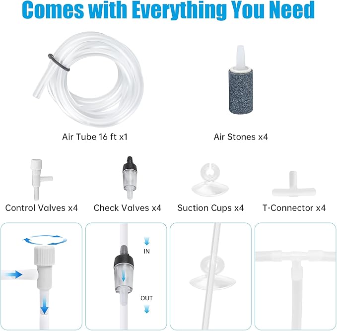AQUANEAT Aquarium Air Pump 300GPH, for up to 200 Gallon Fish Tank, Powerful Hydroponic Aerator Pump with Tubing, Air Stones, Valves-PawvioPets