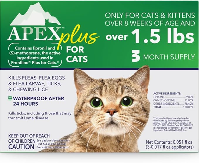Apex Plus Flea Treatment for Cats, 1.5+ lbs | 3-Month Supply | Cat Flea and Tick Treatment Drops | 24-Hour Activation, Waterproof, 30-Day Protection-PawvioPets