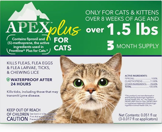 Apex Plus Flea Treatment for Cats, 1.5+ lbs | 3-Month Supply | Cat Flea and Tick Treatment Drops | 24-Hour Activation, Waterproof, 30-Day Protection-PawvioPets