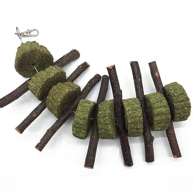 Bunny Chew Toys for Teeth, Organic Apple Wood Molar Sticks with Timothy Hay Circles for Bunny Chinchilla Guinea Pig Hamsters Holland Lop Prairie Dogs Squirrels Gerbils, Improves Dental Health-PawvioPets