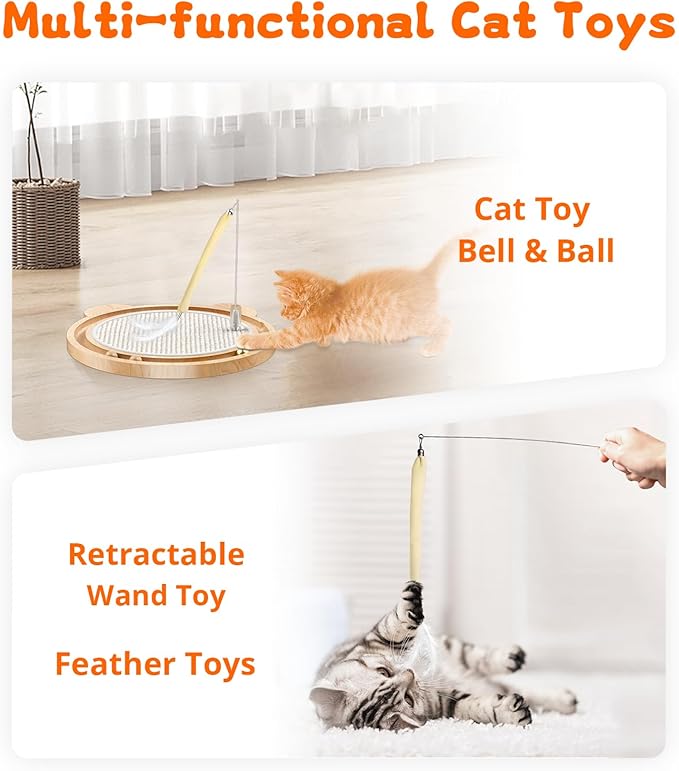 3-in-1 Cat Toys, Scratcher, Toys for Indoor Cats, Natural Sisal Scratching Board, Kitten Interactive with Ball Track & Retractable Wand Toy & Feather-PawvioPets
