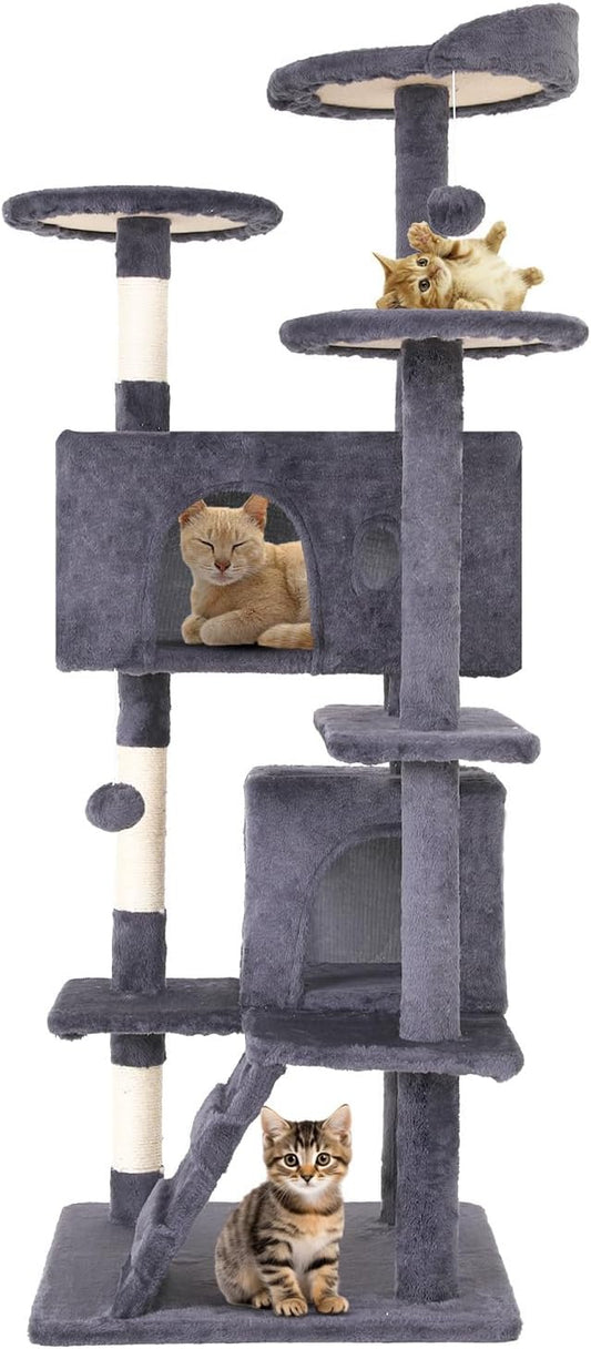 54.7 inches Cat Tower for Indoor Cats Multi-Level Cat Condos for Cat Tree Cat Climbing Tower with Scratching Posts, Hanging Toys,Ashy-PawvioPets