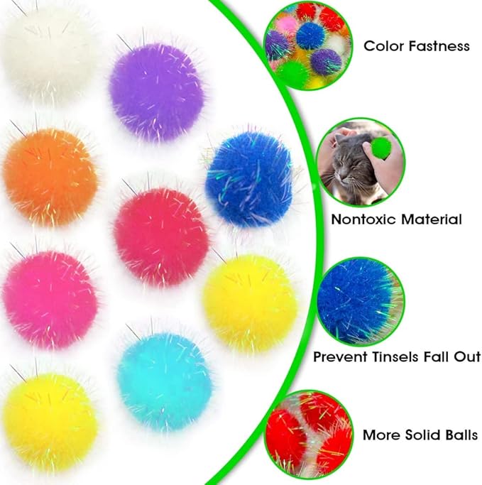 20 Pieces 2 inches Sparkle Pom Pom Balls for Cat - Interactive Glitter Balls, Multicolor, Best as Kitten Play Toys-PawvioPets