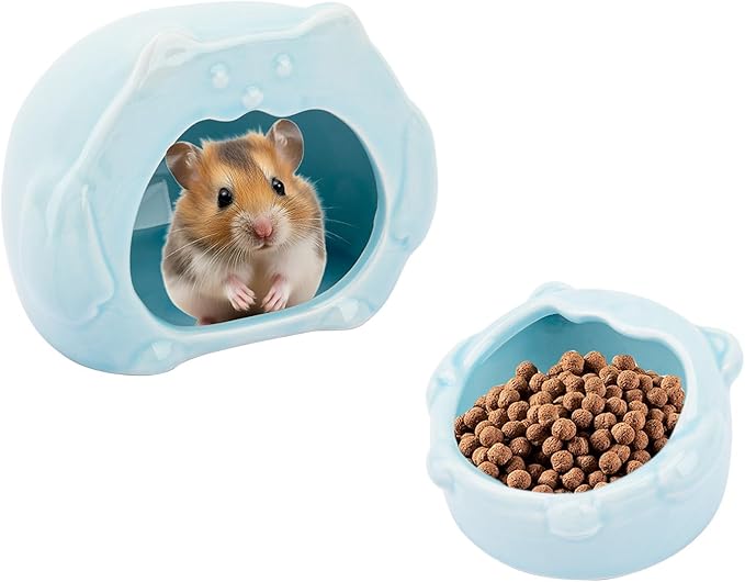Bear-Shaped Hamster Hideout & Food Bowl Set - Ceramic Habitat for Syrian Dwarf Hamsters, Mice, Gerbils - All-Season Use, Chew-Proof Ceramic House and Feeding Dish for Small Pets(Blue)-PawvioPets