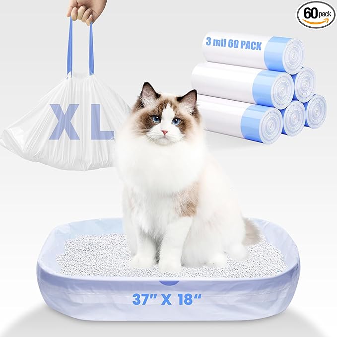 60 Pack Jumbo Cat Litter Bags - 3MIL Extra Thick Leakproof Litter Box Liners, 37"x18" Heavy Duty Drawstring Cat Litter Liners for Automatic Litter Box, Odor Control Disposable Kitty Litter Bags 6 Roll-PawvioPets