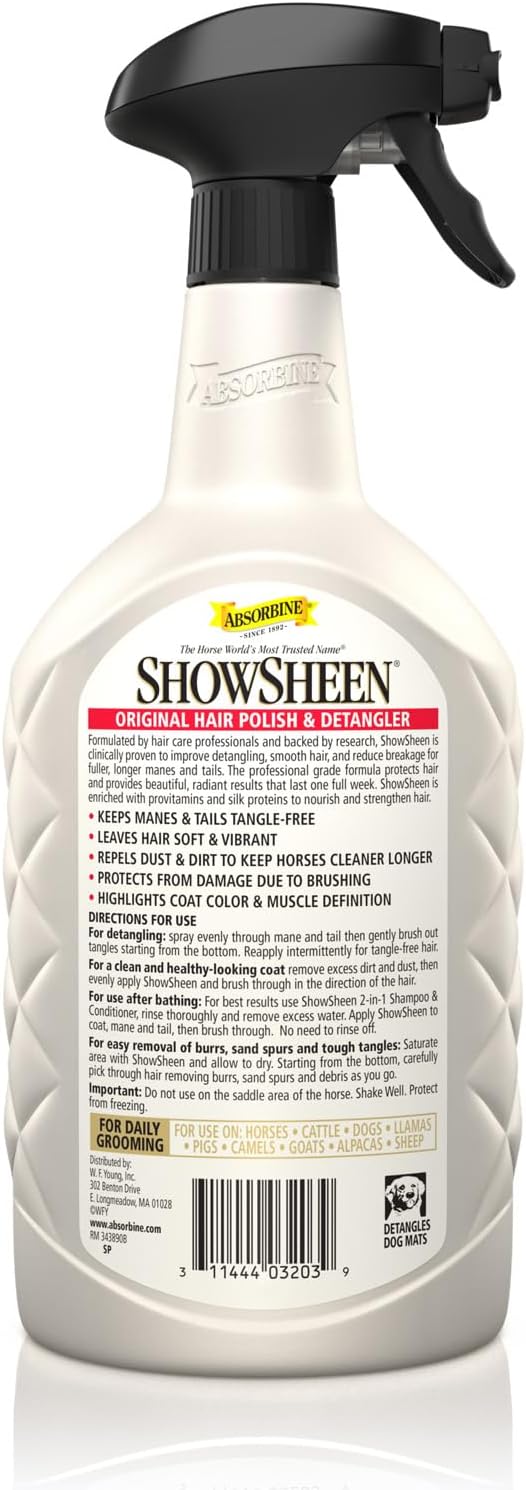 Absorbine ShowSheen Hair Polish & Detangler 32oz Spray Bottle, Horse and Dog Coat, Mane and Tail, Instant Detangling & Reduces Hair Breakage for Healthy Grooming & Radiant Shine-PawvioPets