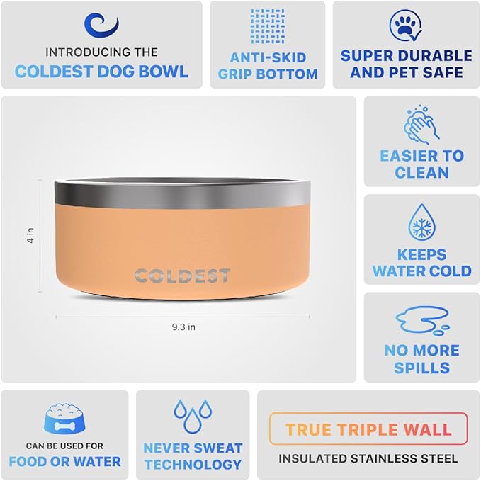 Coldest Dog Bowl - Anti Rust Metal, Non Slip, 3 Layers Insulated Stainless Steel Dog Bowls - Spill Proof & Heavy Duty - Water Bowl for Dogs, Cats & Pets, Dish Washer Safe (100 oz, Sahara Peach)-PawvioPets