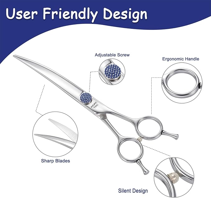 7'' Dog Grooming Scissors CNC 440C Blades Sharp and Durable Polished Curved Dog Shears with Blue Diamond Adustable Screws Easy to Use for Groomer and Home User-PawvioPets