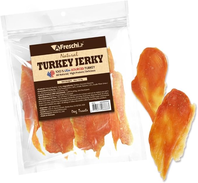 Afreschi Turkey Jerky Dog Treats – 4 oz, USA-Sourced Trukey, All-Natural, Hypoallergenic, High-Protein, Low-Fat, Healthy & Easily Digestible, Puppy & Training Snack-PawvioPets