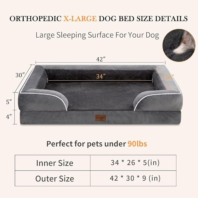 Comfort Expression Cooling Dog Bed, Memory Foam Orthopedic Dogs Beds for Extra Large Dogs, XL Dog Bed with Removable Cover, Waterproof Pet Beds Large with Bolster(X-Large,Leaden Grey)-PawvioPets