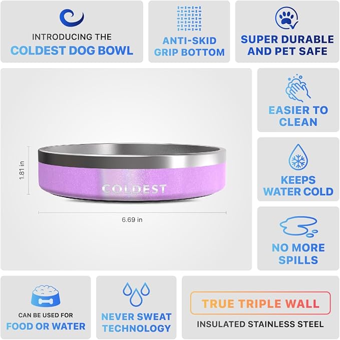Coldest Dog Bowl - Anti Rust Metal, Non Slip, 3 Layers Insulated Stainless Steel Dog Bowls - Spill Proof & Heavy Duty - Water Bowl for Dogs, Cats, Dish Washer Safe (21 oz,Saturn's Moon Purple Glitter)-PawvioPets