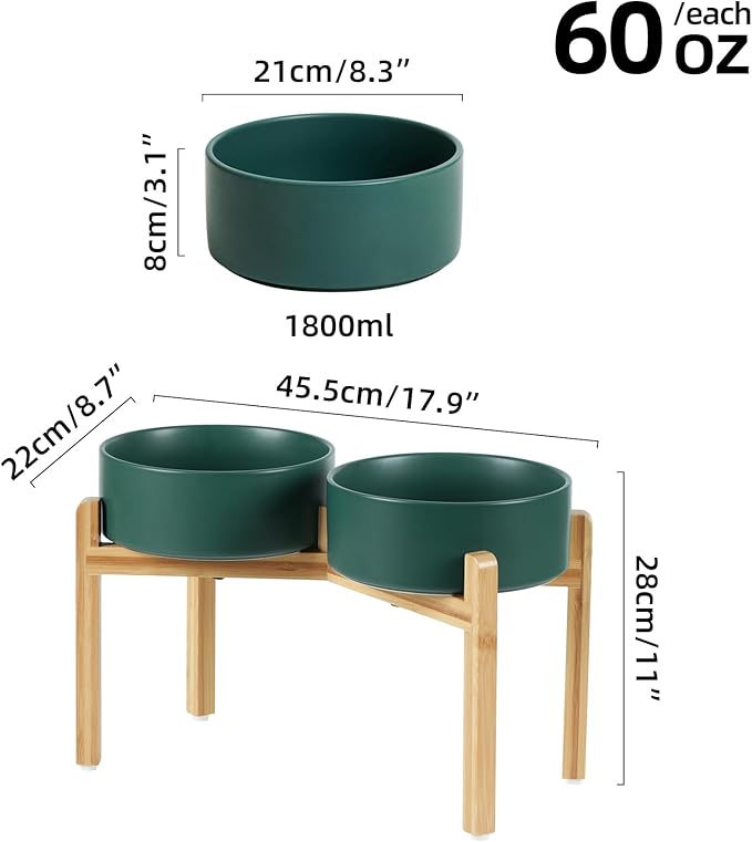 Ceramic Raised Double Bowls Set with Stand, Food & Water Bowls for Large Breed Dogs, Weighted Dog Dishes, Pet Bowl(8.2'',60OZ, Green)-PawvioPets