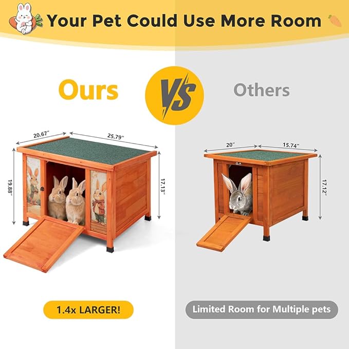 COZIWOW 24in Wooden Cat House Outdoor & Indoor Pet Shelter with Foldable Ramp - Weatherproof Rabbit Hutch with Unique Machine-Printed Art Designs for Cat, Rabbit, Guinea Pig (Orange)-PawvioPets