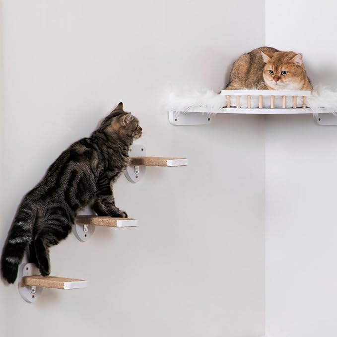 3pcs Wall Mounted Cat Steps, Climbing Furniture, Shelves With Hemp Rope Covered, Solid Wood Ladder for Playing and Climbing (Standard-White)-PawvioPets