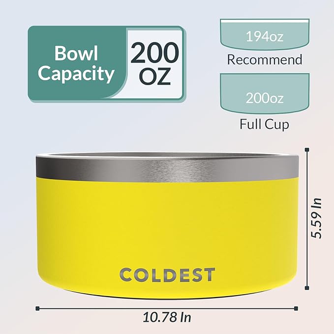 Coldest Dog Bowl - Anti Rust Metal, Non Slip, 3 Layers Insulated Stainless Steel Dog Bowls - Spill Proof & Heavy Duty - Water Bowl for Dogs, Cats & Pets, Dish Washer Safe (200 oz, Solar Yellow)-PawvioPets