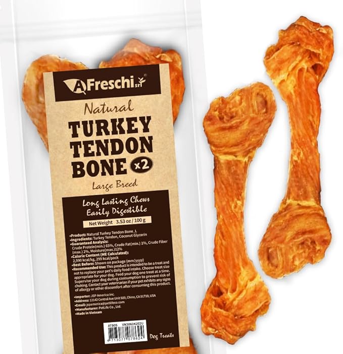 Afreschi Natural Turkey Tendon Bone (L) 3.53 oz, USA-Sourced Turkey Tendon, All Natural Human Grade Dog Chew, Hypoallergenic, Rawhide Alternative, Dog Treats for Large Breeds-PawvioPets