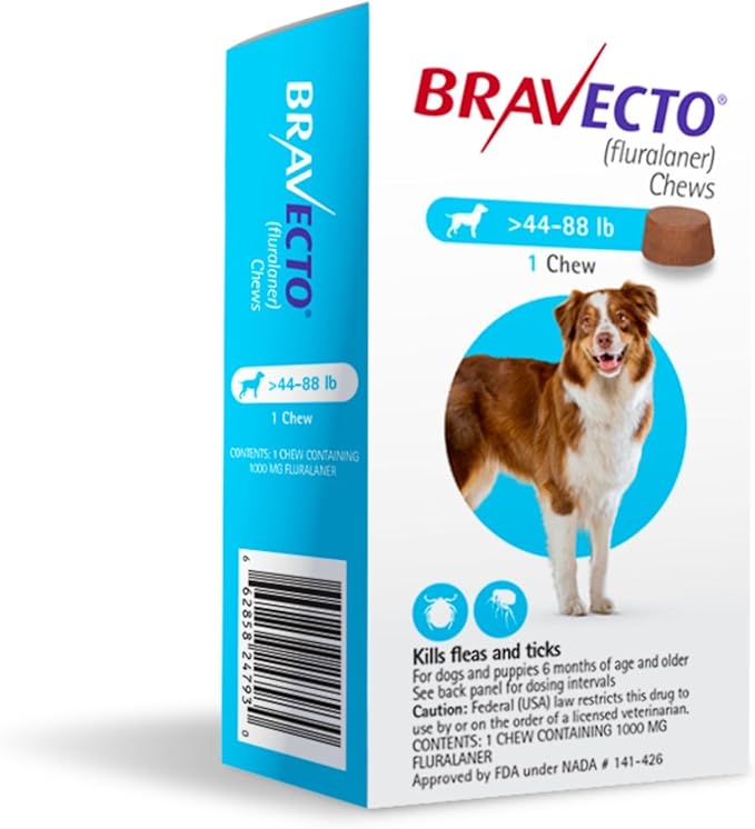 BRAVECTO Chew for Dogs, Flea & Tick, 1 Chew, 12 Week Supply, >44-88 lbs., Blue Box-PawvioPets