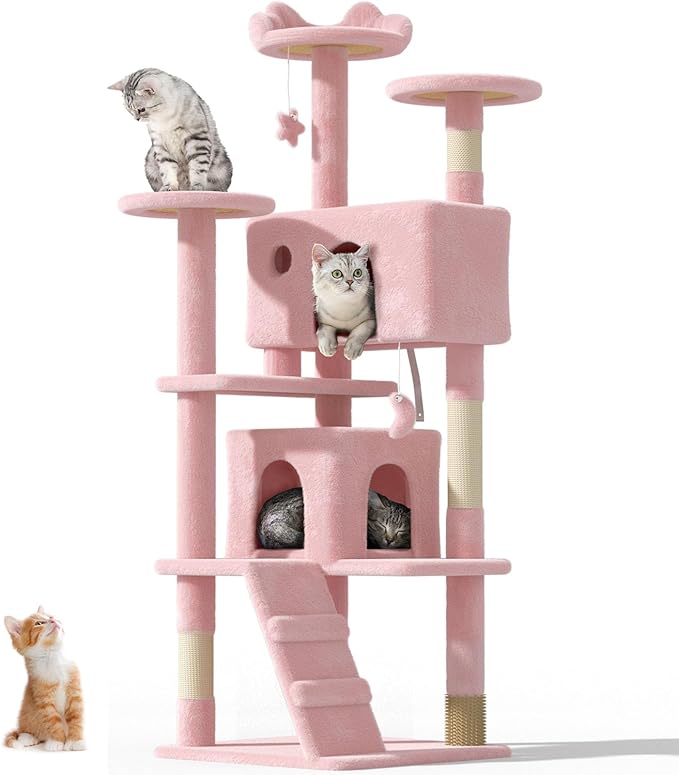 60'' Cat Tree Tower for Indoor Cats Large Adult,Cute/Tall Modern Cat Tree for Big Cats 20 lbs, Plush Multi-Level Cat Condo with Scratching Posts,Dangling for Fun Play (Soft Pink, 60 inch)-PawvioPets