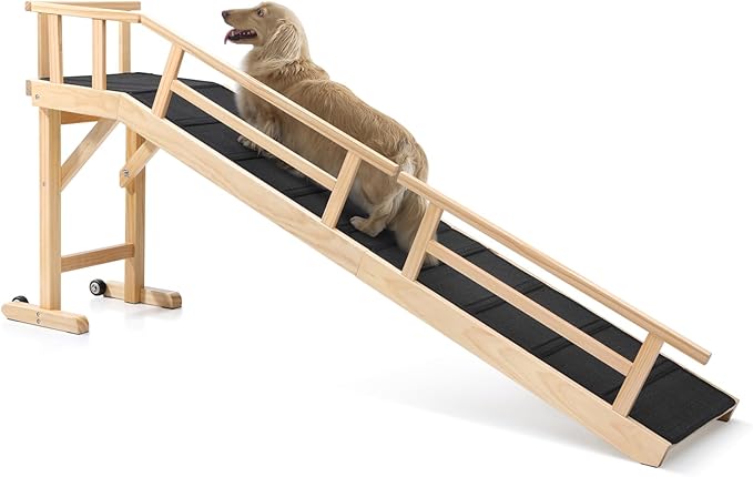 Dog Ramp for Bed or Couch, Wooden Pet Ramp with 20° Gentle Slope, Removable Side Rails, Non-Slip Surface, Top Platform & Wheels, Safe Bed Ramp for Small, Medium & Senior Dogs, 74" Long, Natural-PawvioPets