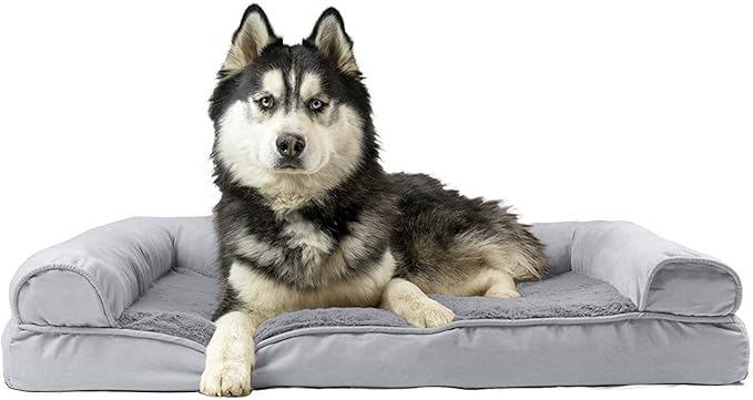 Furhaven Cooling Gel Dog Bed for Large Dogs w/ Removable Bolsters & Washable Cover, For Dogs Up to 95 lbs - Plush & Suede Sofa - Gray, Jumbo/XL-PawvioPets