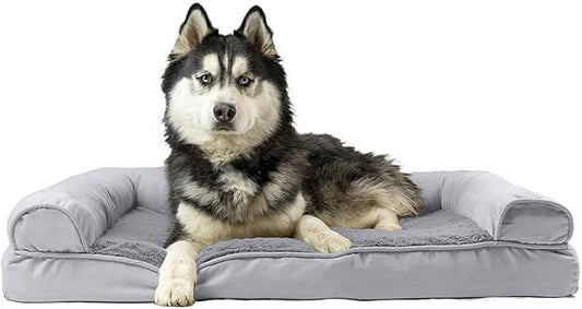 Furhaven Cooling Gel Dog Bed for Large Dogs w/ Removable Bolsters & Washable Cover, For Dogs Up to 95 lbs - Plush & Suede Sofa - Gray, Jumbo/XL-PawvioPets