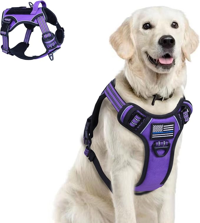 BUMBIN Tactical Dog Harness for Large Dogs No Pull, Famous TIK Tok No Pull Puppy Harness, Fit Smart Reflective Pet Walking Harness for Training, Adjustable Dog Vest Harness with Handle Purple XL-PawvioPets