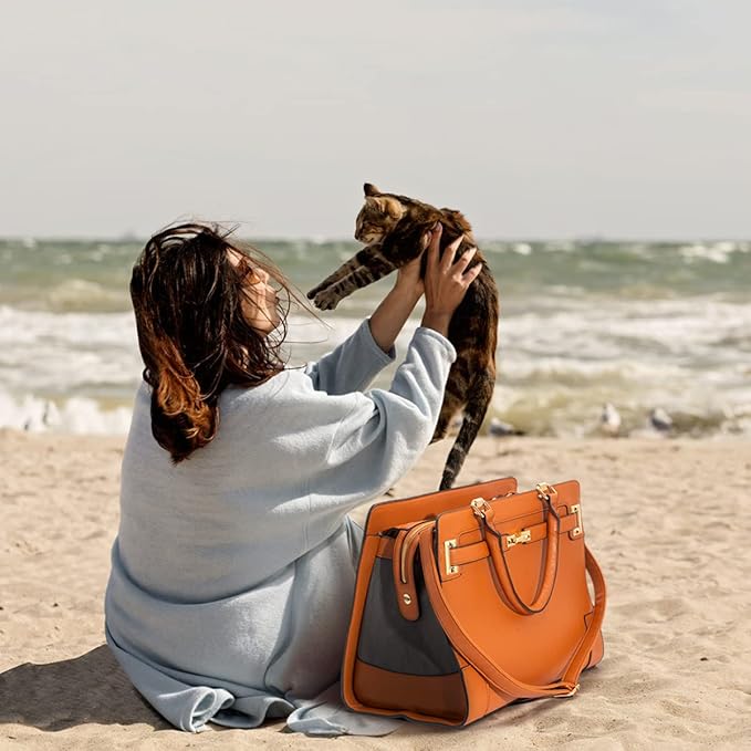 Fashion Pet Carrier Dog Cat Carrier Purse Soft-Sided Leather Handbag Pet Tote Bag for Small Dogs Puppy and Cats TSA Airline Approved (Brown)-PawvioPets
