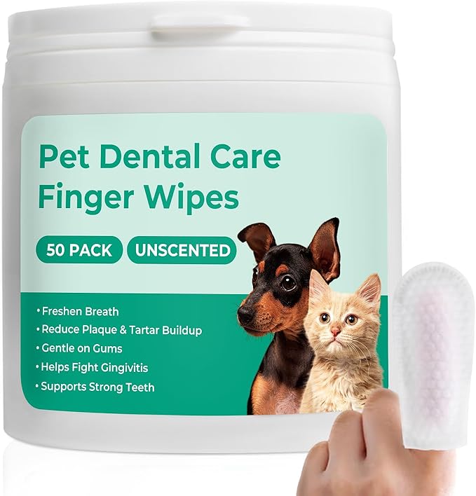 Dog Teeth Cleaning Wipes 50 Pack, Reduces Plaque and Freshens Breath, Dog Dental Wipes Dog Tooth Brushing Kit, No-Rinse Dog Toothbrush Finger Wipes Dental Care for Dogs Cats-PawvioPets