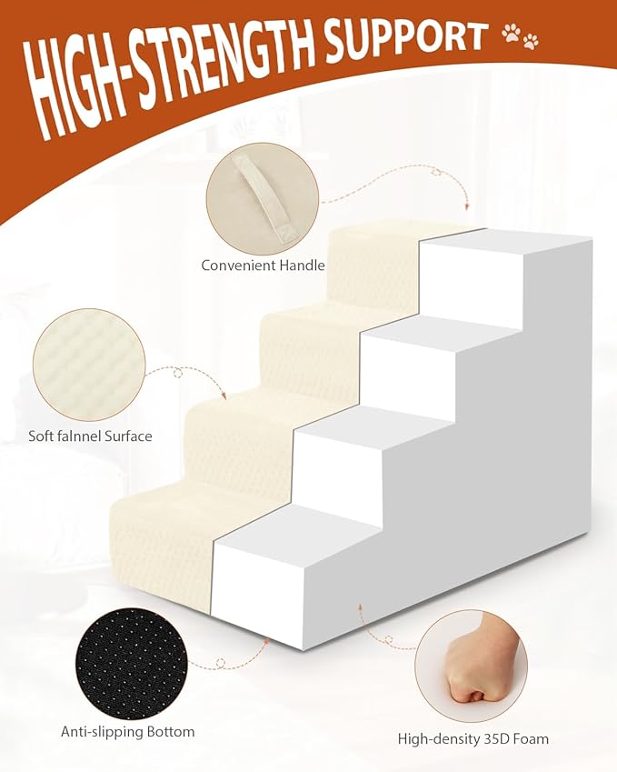 Dog Stairs for Small Dogs,17.5" H,4-Step Dog Steps for High Bed Couch and Sofa,Pet Stairs for Dogs and Cats Climbing with Non-Slip Bottom and Washable Cover,Beige-PawvioPets