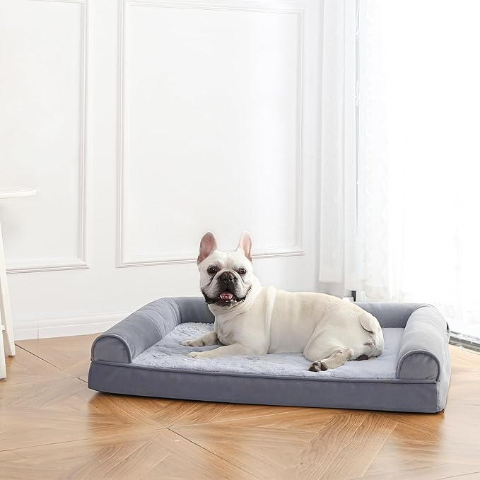 Amazon Basics Living Room Couch Dog Bed with Premium Foam, Pressure-Relief Support for Dogs up to 55lbs, Machine Washable Cover, Large Sized (36" x 27"), Grey-PawvioPets