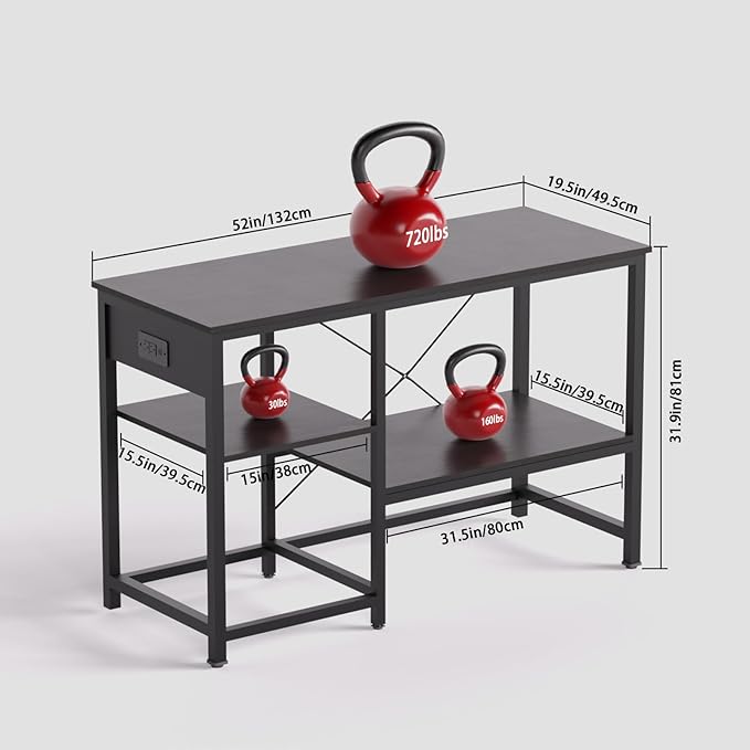 50-75 Gallon Fish Tank Stand with Power Outlet & LED Light, Metal Aquarium Stand with 3 Tier Adjustable Storage Shelves, Tank Stand for Reptile Tank, Turtle Tank, 52" L*19.5" W, Black-PawvioPets