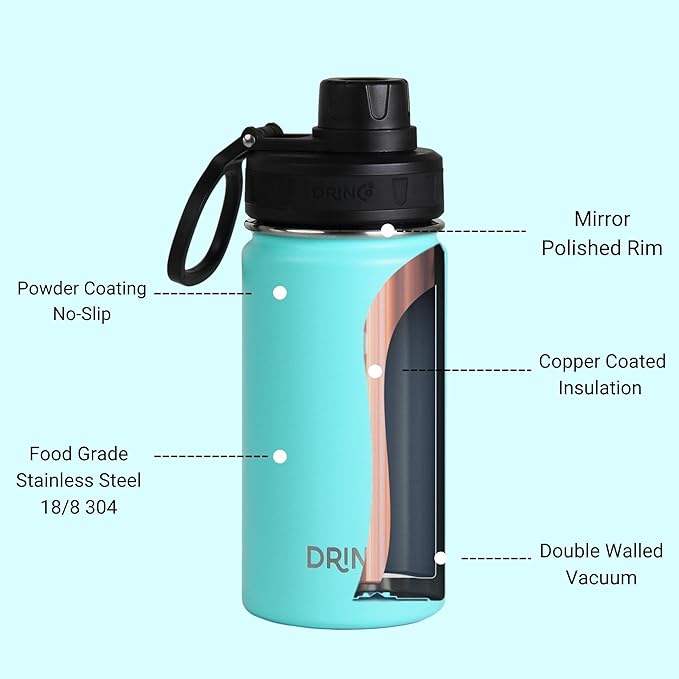 DRINCO Stainless Steel Water Bottle Spout Lid Vacuum Insulated Double Wall Water Bottle Wide Mouth (40oz 32oz 22oz 18oz 14oz) Leak Proof Keeps Cold or Hot (14 oz, 14oz Teal)-PawvioPets