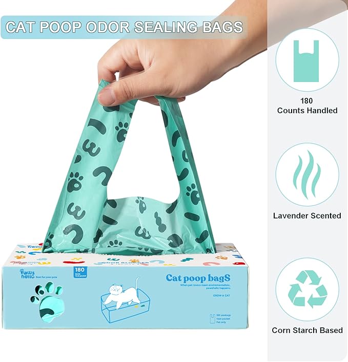 Cat Litter Bags and Dog Poop Bags with Handle, 180 Counts, Cornstarch Based Extra-Thick&100% Leak Proof,Pet Waste Bag for Kitty and Doggie (Lavender Scented)-PawvioPets