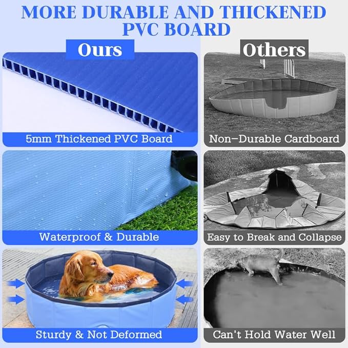 Foldable Dog Bath Swimming Pool Plastic Kiddie Pool Professional Tub Collapsible Grooming Bathtub for Pets Kids Baby and Toddler, 71 x 12 Inches Blue-PawvioPets