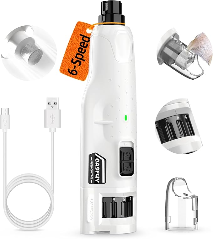 Casfuy Dog Nail Grinder Quiet - (45db) 6-Speed Pet Nail Grinder with 2 LED Lights for Large Medium Small Puppy Dogs/Cats, Professional 3 Ports Rechargeable Electric Dog Nail Trimmer with Dust Cap-PawvioPets