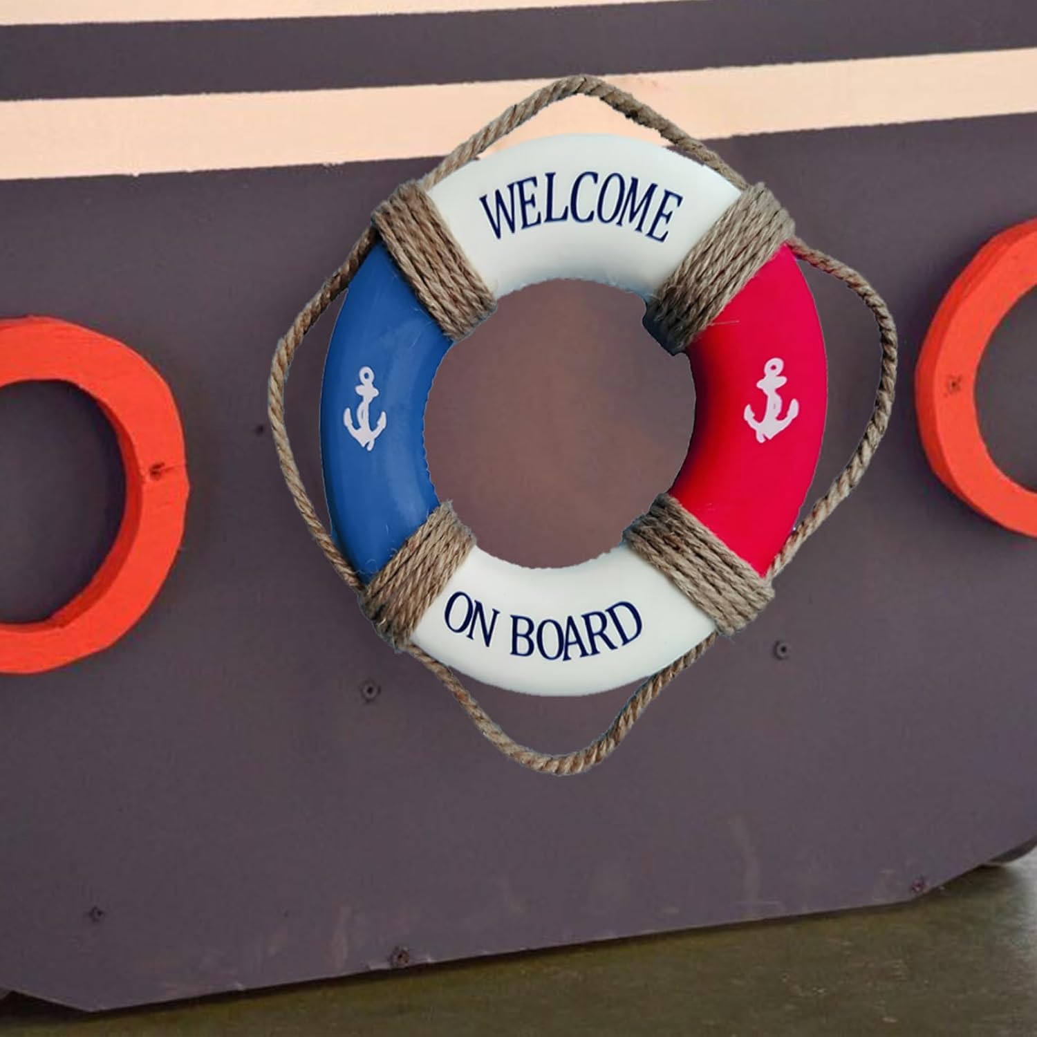 MorroMorn Lifebuoy Wall Hanging Decor - Welcome Aboard Mediterranean Style Home Decoration Hemp Rope (Blue, 10")