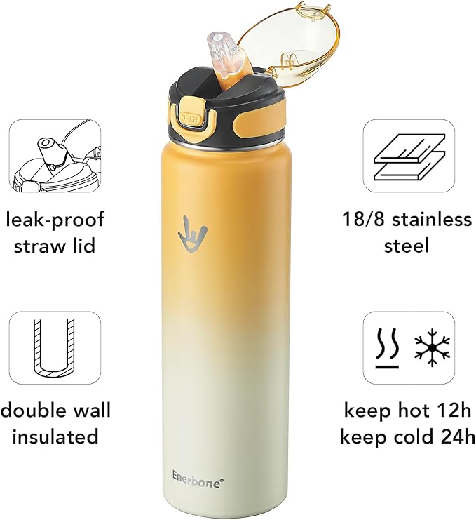 Enerbone 32 oz Insulated Water Bottle, Stainless Steel Bottle with Carrying Strap, Double-Wall Vacuum Insulation Design, Leakproof Sports Bottle with Straw, Keep Drinks Cold or Hot for Hours-PawvioPets