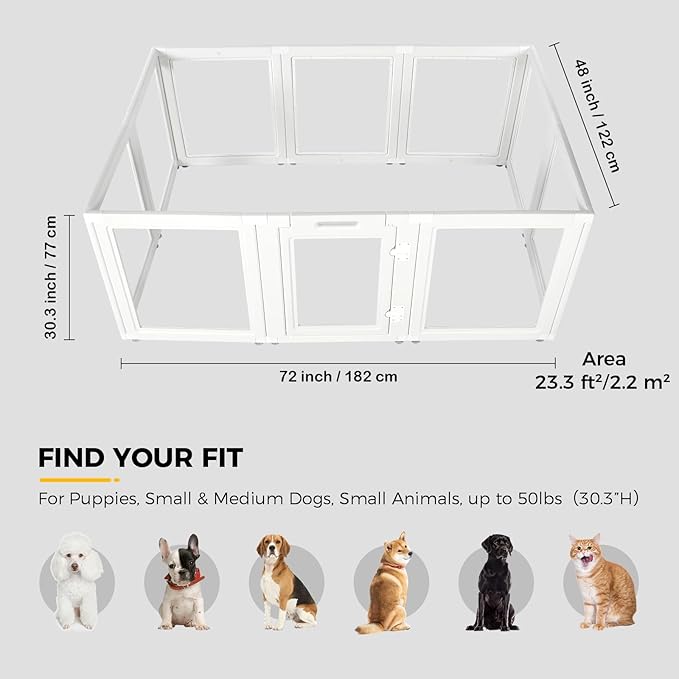 Clear Acrylic Plastic Dog Playpen - Clear Dog Play Pen - Easy Assemble Acrylic Dog Playpen - Puppy Playpen, Cat Playpen, Small Animal Playpen, Dog Play Pen Indoors (White, 30.3" H, 10PCS)-PawvioPets