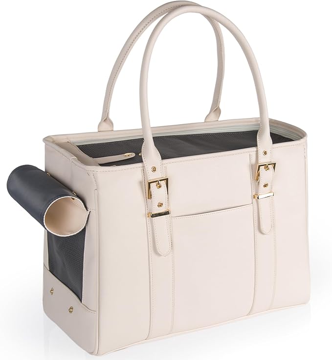 Fashion Pet Carrier Dog Purse Cat Bag Soft-Sided Carriers Travel Airline Approved, Stylish Leather Tote Handbag for Small Animal Puppy Kitten (White)-PawvioPets