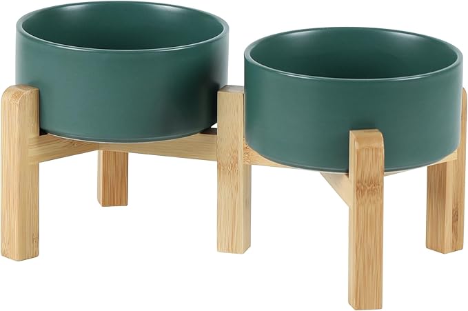 Ceramic Raised Double Bowls Set with Stand, 2 Heights Elevated, Food & Water Bowls for Small Breed Dogs, Weighted Dog Dishes, Pet Bowl(6.1'',28.7oz, Green)-PawvioPets