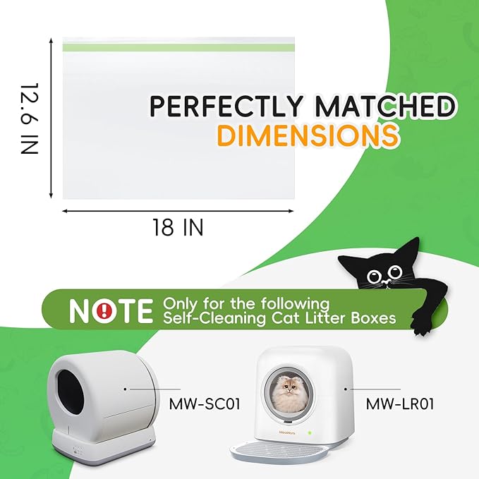 60 Pack Cat Litter Box Liners for Meo Want SC01, MW-SC02, MW-LR01,1.5 Mil Thick Drawstring Heavy Duty Leak-proof Disposable Smart Self-Cleaning Litter Box Robot Waste Drawer Trash Bags 18" x 12.6"-PawvioPets