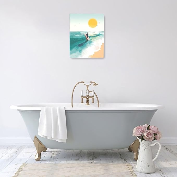 Beach Surfing Wall Art Ocean Coastal Wave Canvas Wall Decor Summer Nature Seascape Pictures Painting Print Framed Artwork Decorations for Bathroom Living Room Office Bedroom 16"x20"-PawvioPets